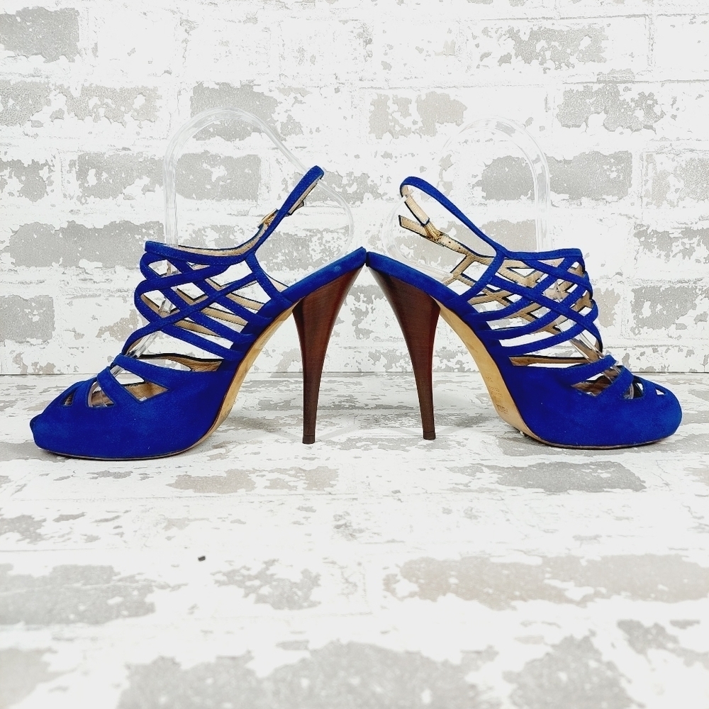 Fendi Royal Blue Suede Cut-Out Cage Sling-Back Peep-Toe Pumps O89 - Picture 7 of 14